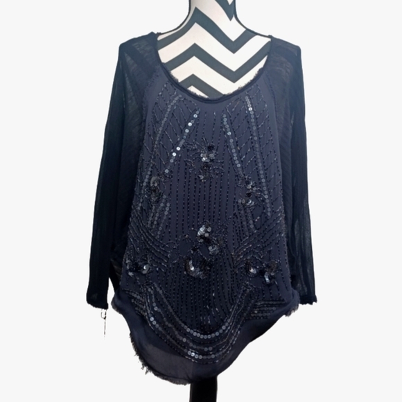 Free People Fairy Grunge Sheer Beaded Sequin Black Boho Distressed Top - Picture 2 of 16